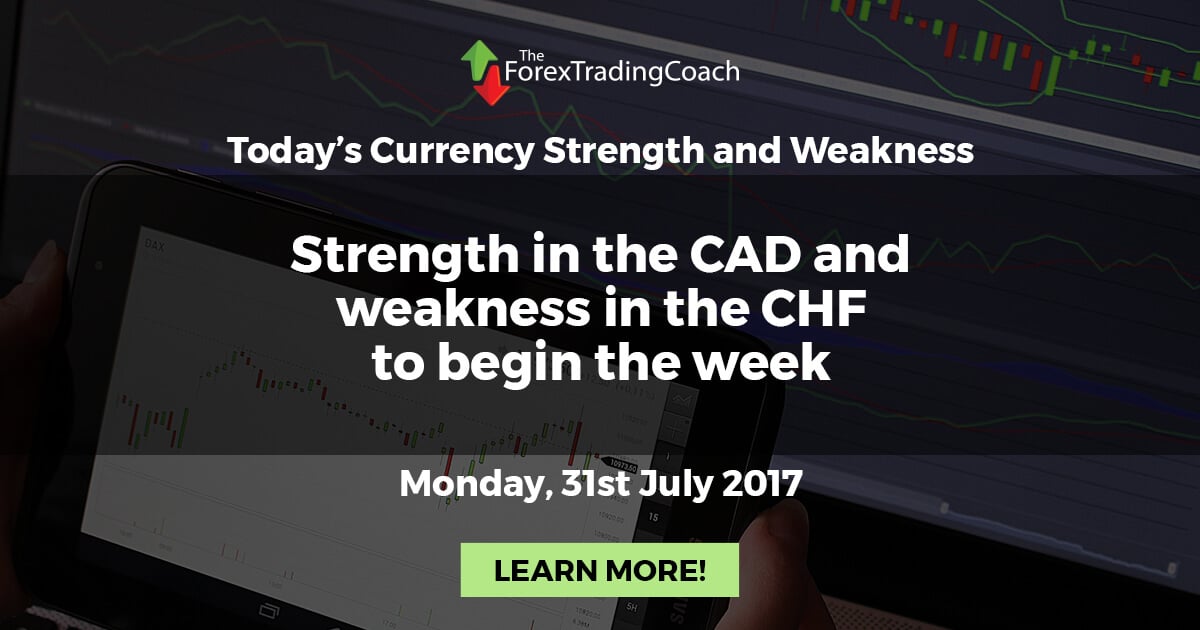 Strength in the CAD and weakness in the CHF to begin the week   – Currency Strength and Weakness for Monday 31st July 2017