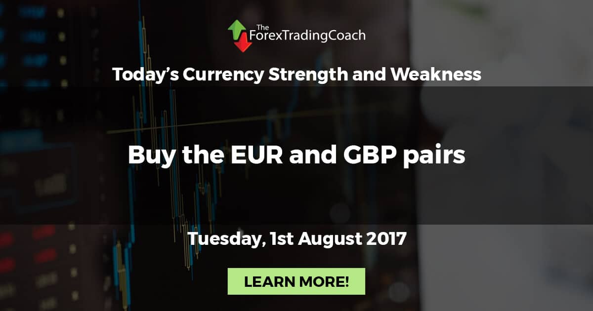 Buy the EUR and GBP pairs – Currency Strength and Weakness for Tuesday 1st August 2017