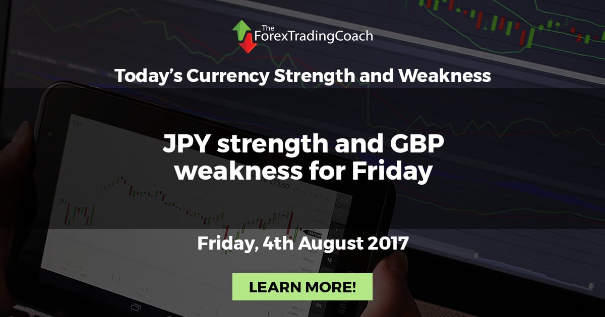 JPY strength and GBP weakness for Friday – Currency Strength and Weakness for Friday 4th August 2017